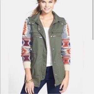 Thread & Supply Olive Green Hooded Utility Jacket with Patterned Sleeves